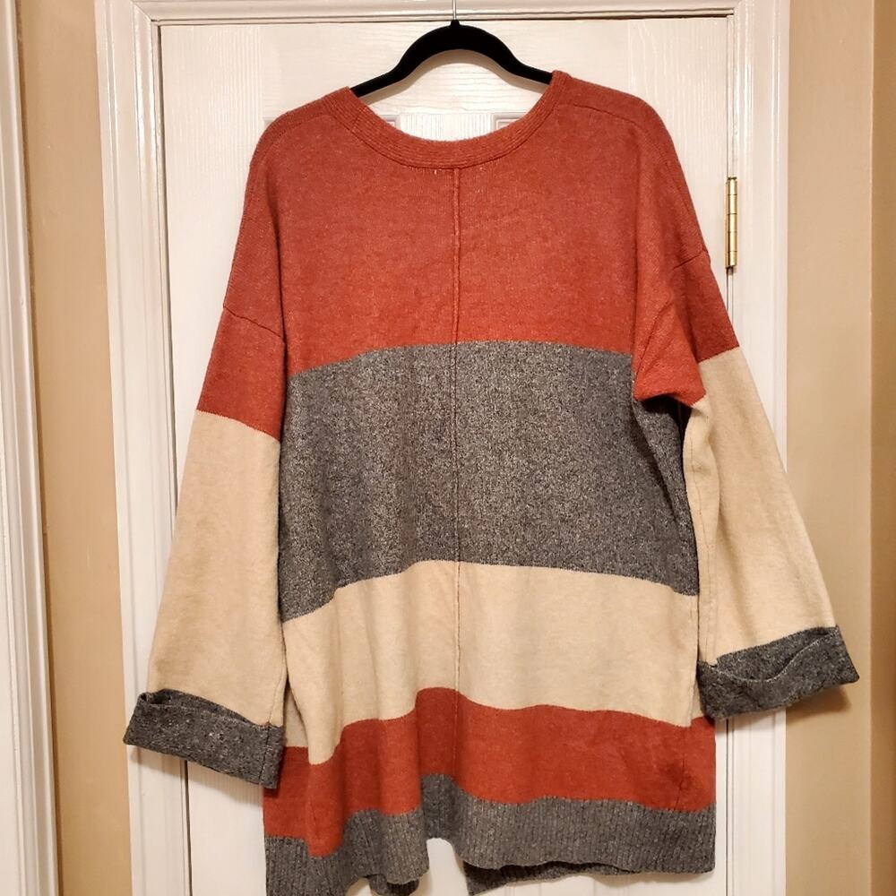 Sz 2XL OLIVE+OAK Burnt Orange Gray Cream Striped Open Mid-Thig Cardigan - Picture 2 of 5